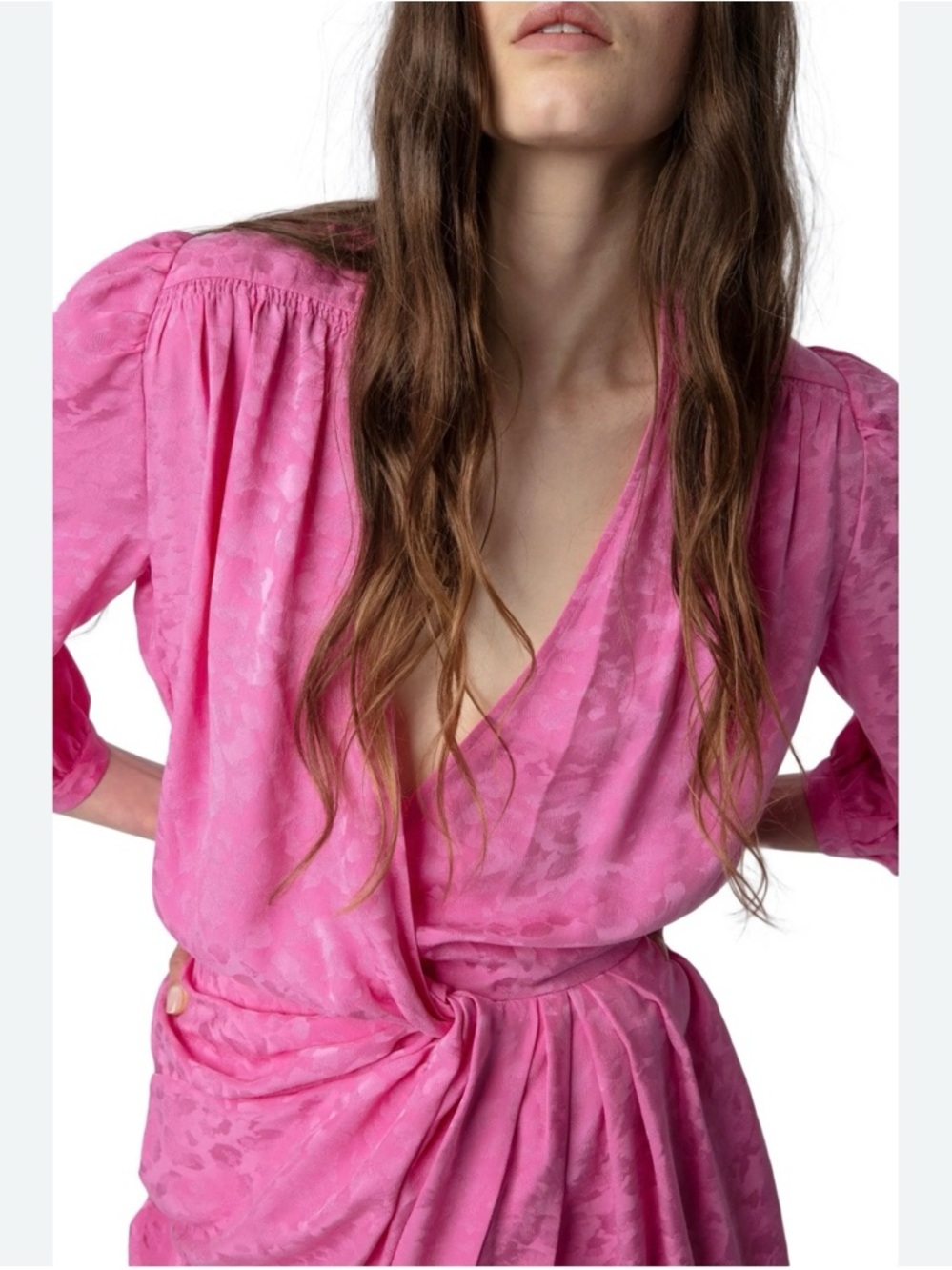Zadig & Voltaire NWT Silk Jacquard Pink Midi Dress Draped Waist $698 - Picture 2 of 16